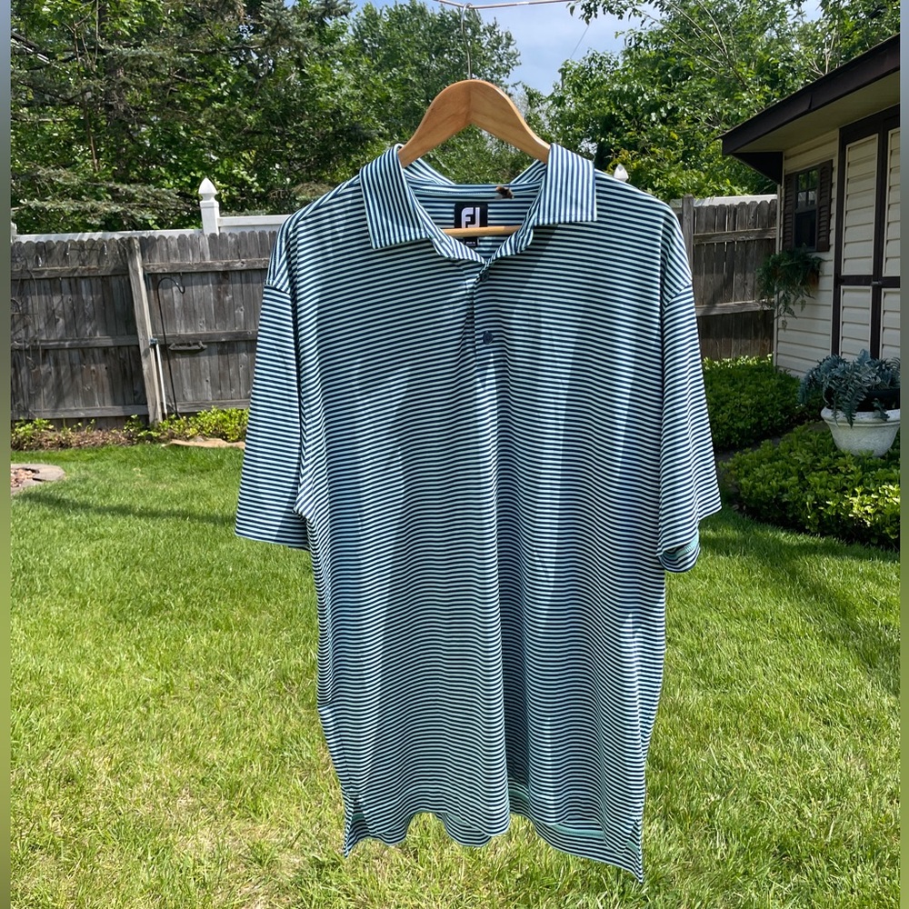 Footjoy Men’s Striped performance golf polo tee sz XL‎ blue SPF anti wrinkle